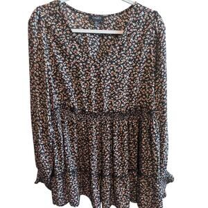 Gigio Women's Floral Boho Smocked Elastic Long Sleeve Tunic Blouse Sz L